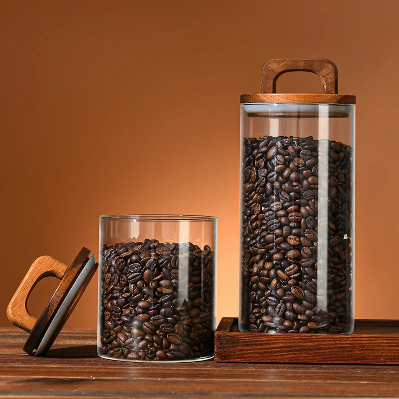 Wood Lid Glass Airtight Canister - Kitchen Storage for Tea, Coffee Beans, and More