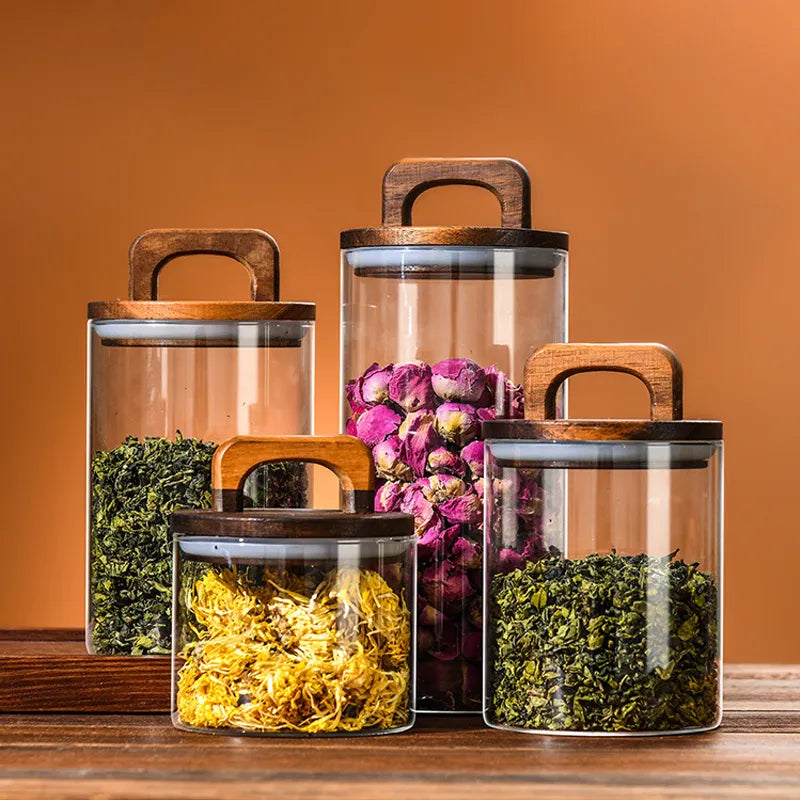 Wood Lid Glass Airtight Canister - Kitchen Storage for Tea, Coffee Beans, and More