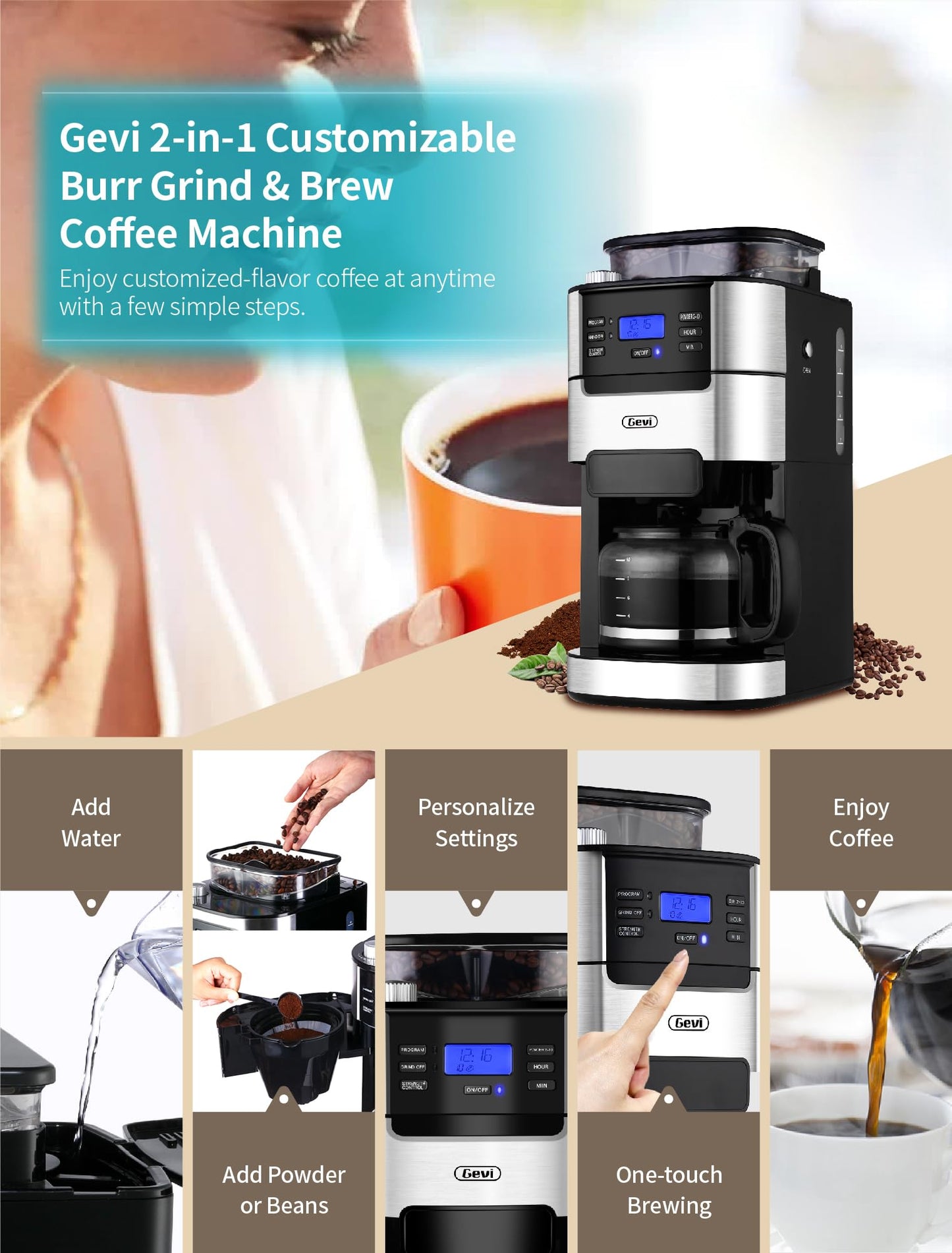 10-Cup Drip Coffee Maker, Grind and Brew Automatic Coffee Machine