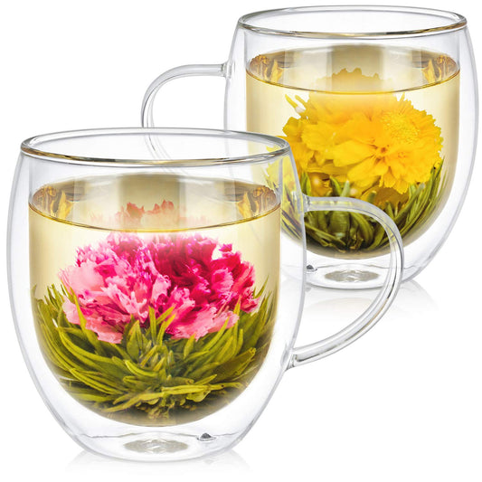 Teabloom Oversized Insulated Borosilicate Glass Mugs (17 oz / 500 ml) – Set Includes 2 Mugs + 2 Blooming Teas – Premium Quality Microwave Safe Glasses