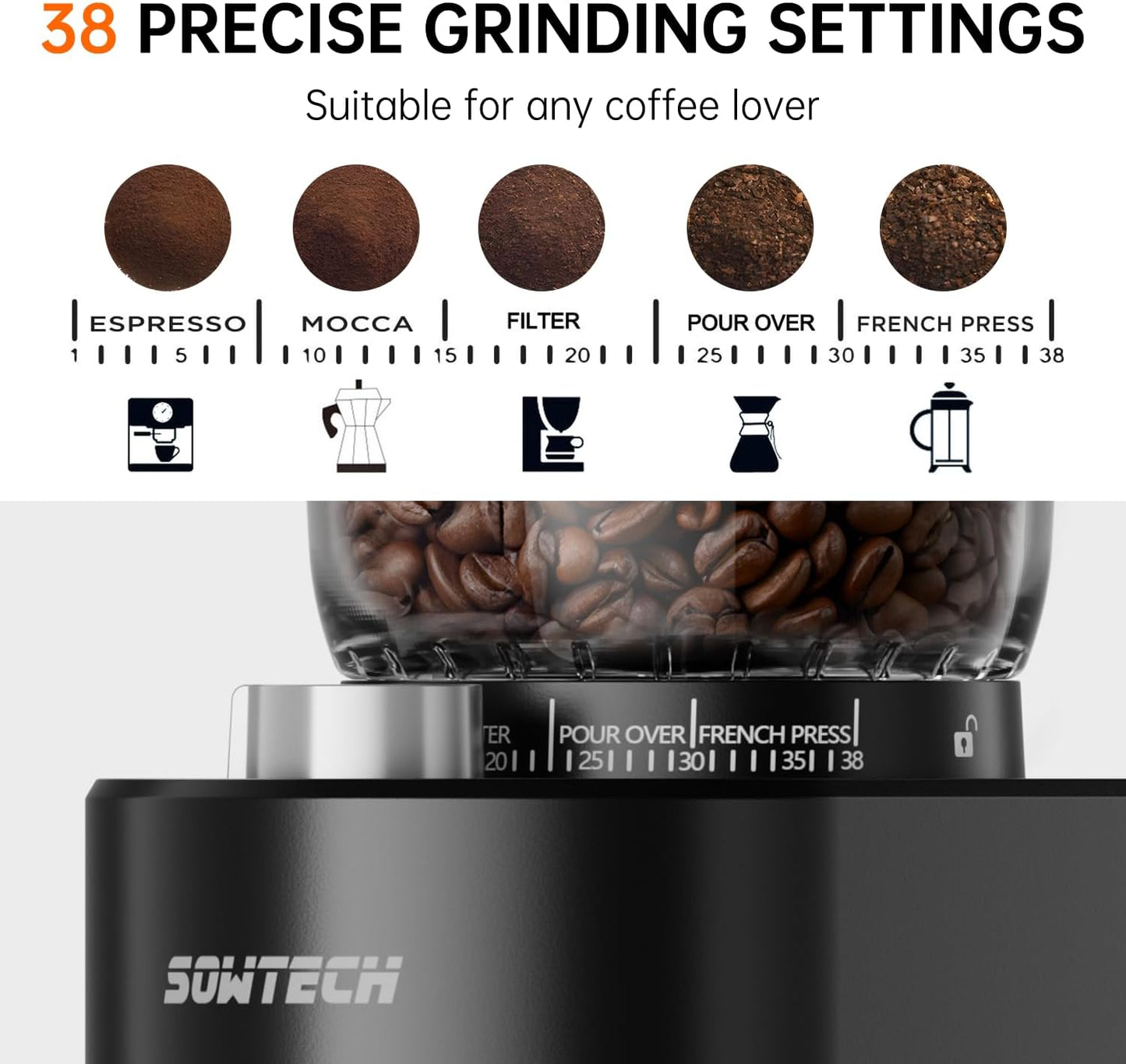 SOWTECH Anti-static Conical Burr Coffee Grinder
