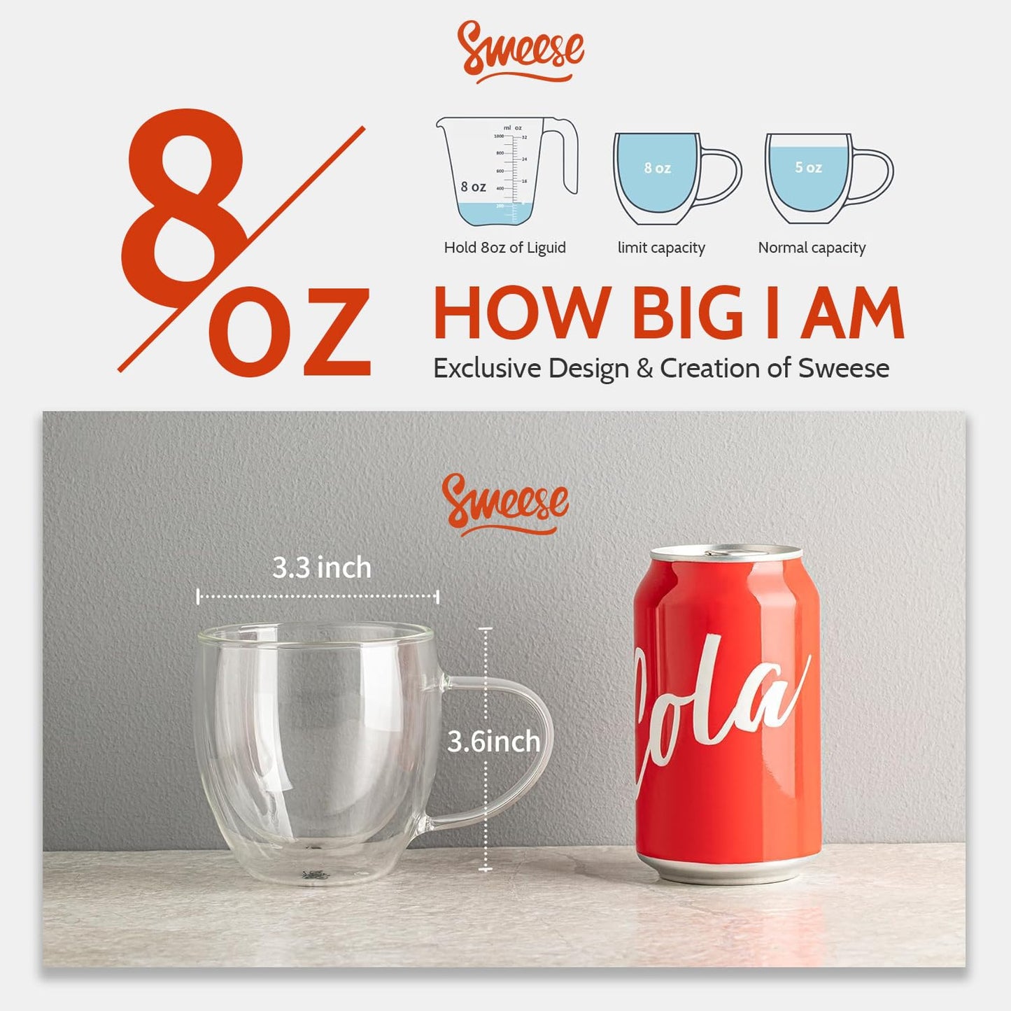 Sweese Clear Coffee Mugs - 8 oz Double Wall