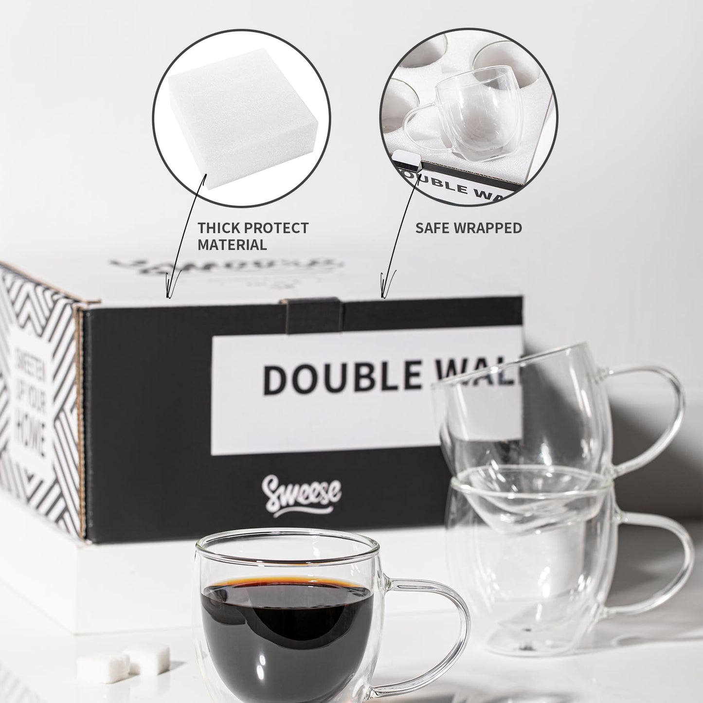 Sweese Clear Coffee Mugs - 8 oz Double Wall