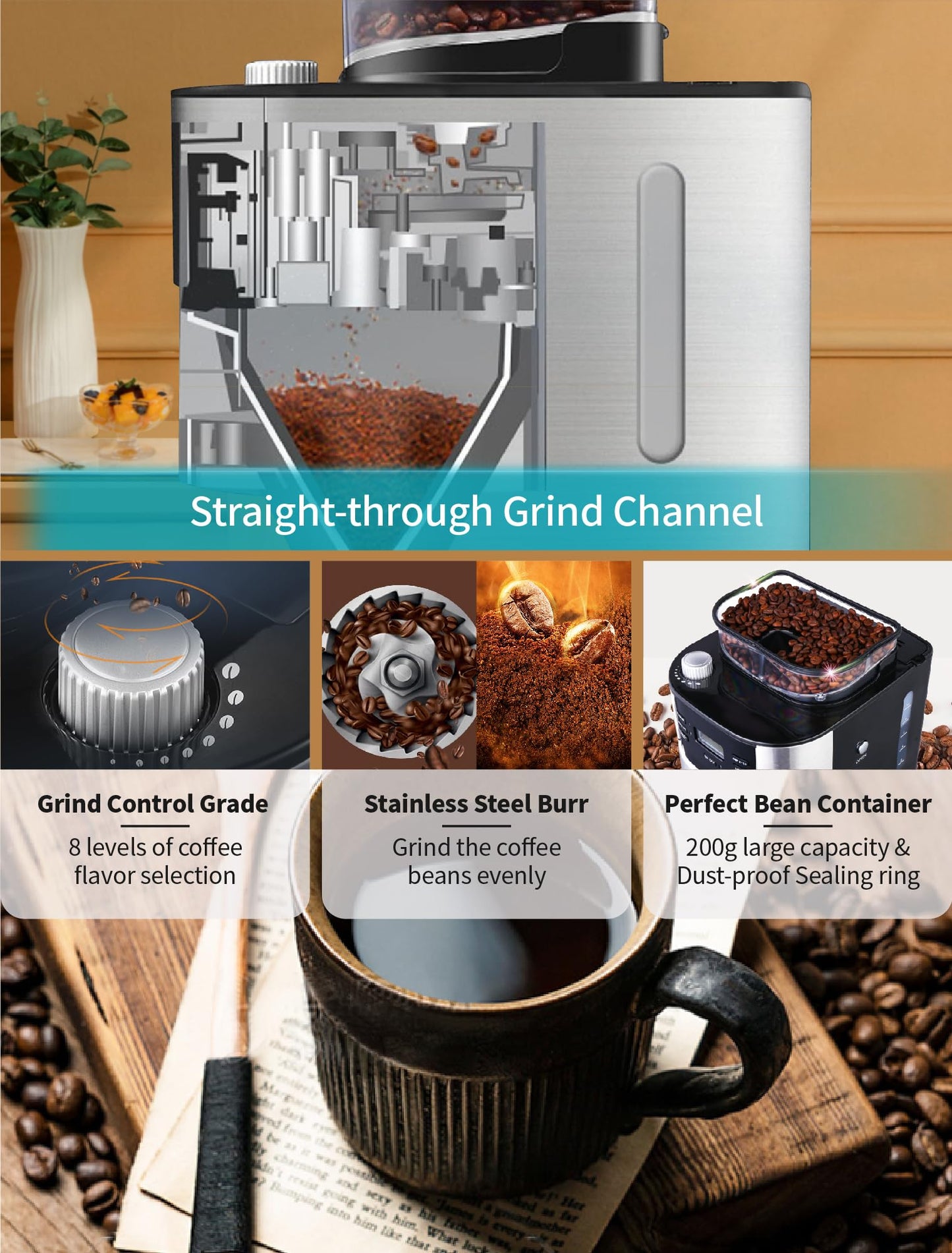 10-Cup Drip Coffee Maker, Grind and Brew Automatic Coffee Machine